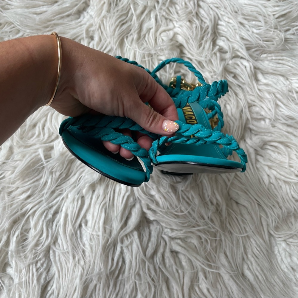 Kat Maconie Teal Blue Gold Chain Avril Hourglass Leather Braided Heels NWOB Sz 8 - Picture 6 of 10
